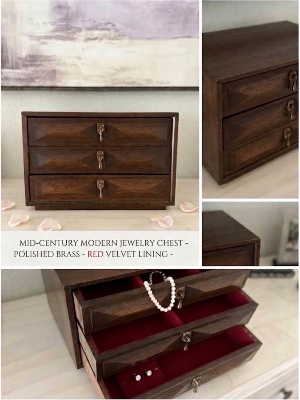 Mid century modern Wooden 3-Drawer Jewelry Storage Chest in Brown